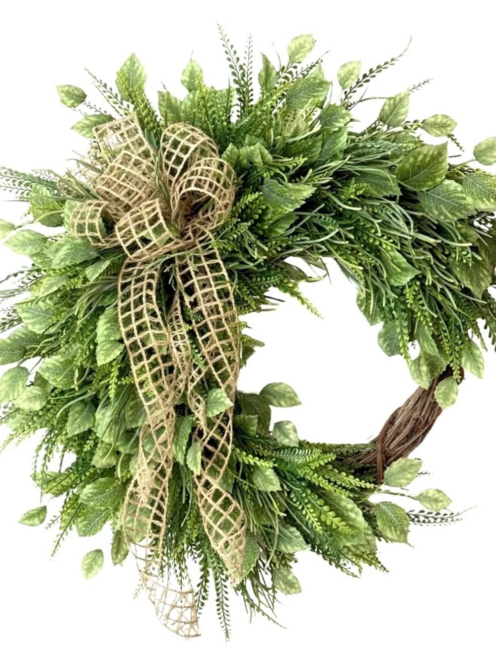 Year Round Wreath - Green Rustic Jute Bow Fern Wreath - Mother's Day
